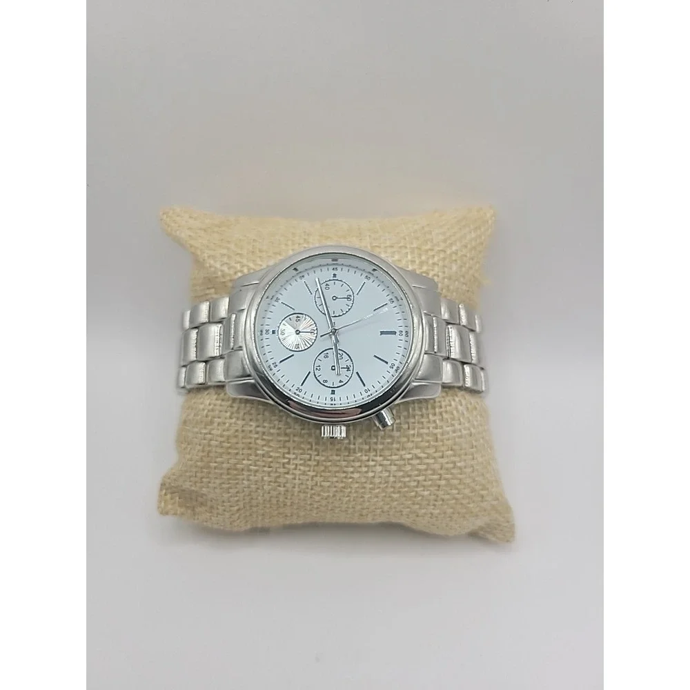 Vintage Silver Tone Chronogragh‎ Style Quartz Watch Metal Link Bracelet